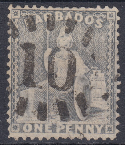 Barbados SG74 | 1d Grey Blue with upright numeral '10' St Peter bootheel cancel