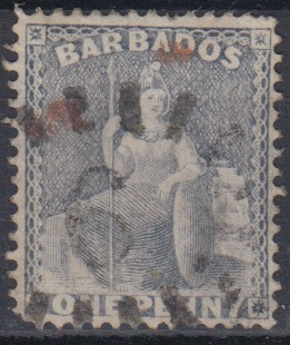 Barbados SG73 | 1d Dull Blue with numeral '6' St Joseph bootheel cancel and some extra ink marks