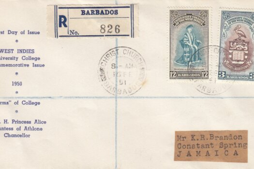 Inauguration of B.W.I University College Barbados FDC 1951 with pre printed inscription on left and Christ Church cancel