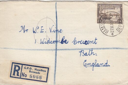 1947 Registered letter from Bermuda to Bath, UK paying 1/6 rate