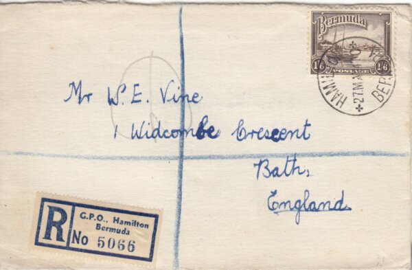1947 Registered letter from Bermuda to Bath, UK paying 1/6 rate