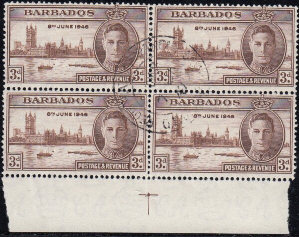 Barbados SG263a | George VI Victory 3d in marginal block of 4 with Kite Flaw 1946