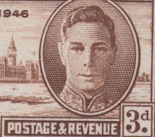 Barbados SG263a | George VI Victory 3d in marginal block of 4 with Kite Flaw 1946 (close up)