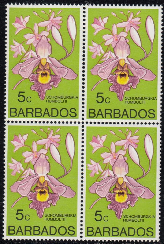 5c stamp block of four from Barbados 1974 Stamp Booklet 