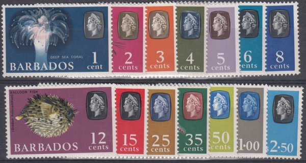 Barbados SG 342-355m | Marine Life 1966 reprints, watermark sideways (VLMM)