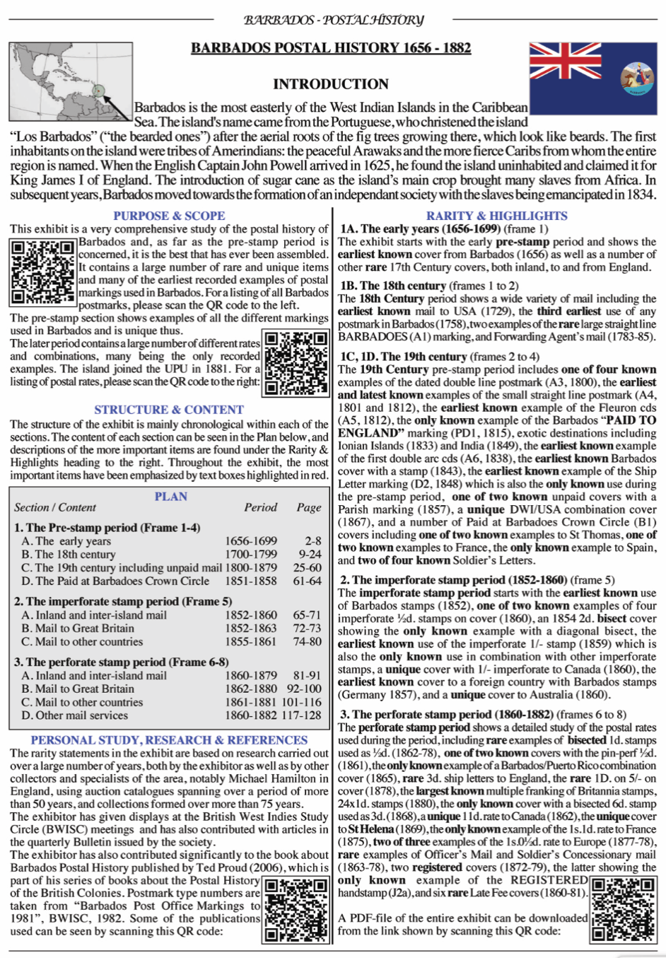 Front page of Stefan Heijtz display "Barbados Postal History 1656-1881"