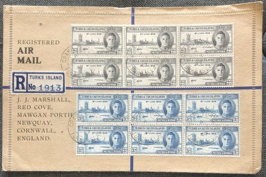J.J.Marshall cover with Victory sets in blocks, from Turks & Caicos