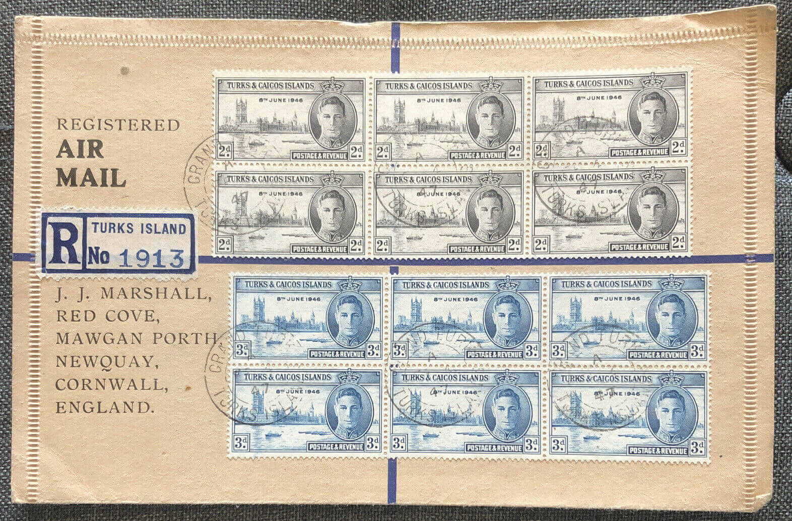 J.J.Marshall cover with Victory sets in blocks, from Turks & Caicos