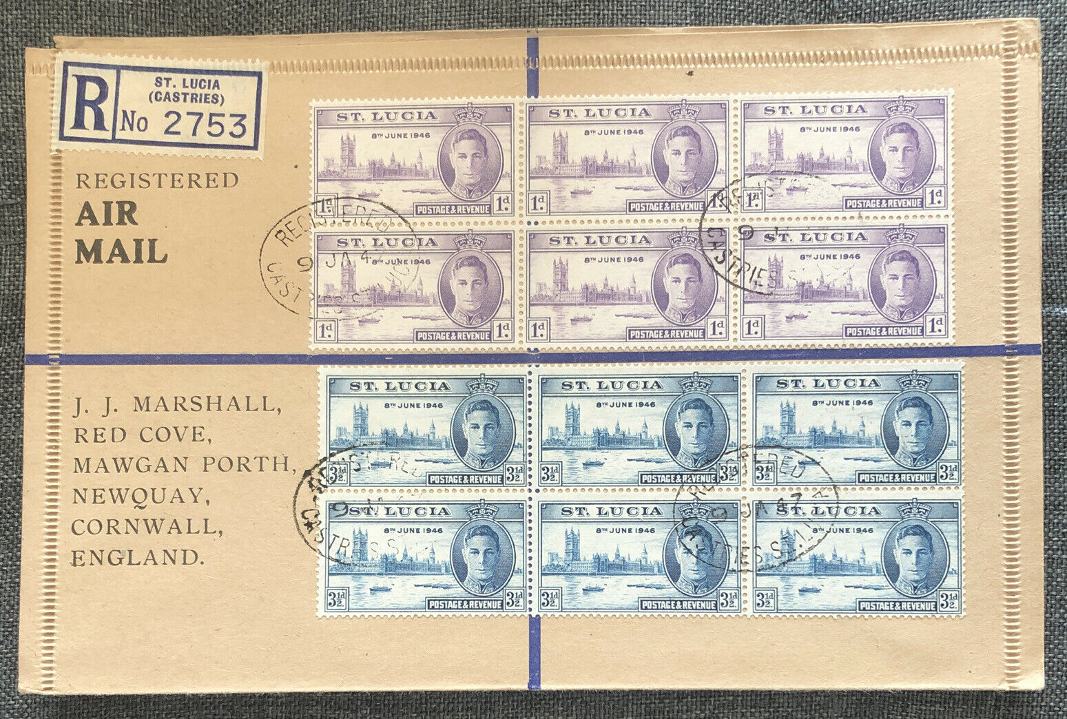 J.J.Marshall cover with Victory sets in blocks, to St Lucia