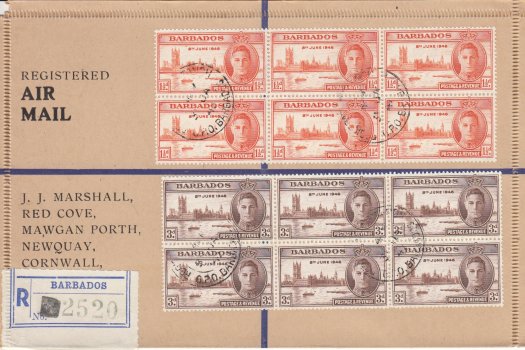 Barbados registered cover to J.J.Marshall in Cornwall dated 31st January 1947, with blocks of six each of the 1½d and 3d Victory stamps