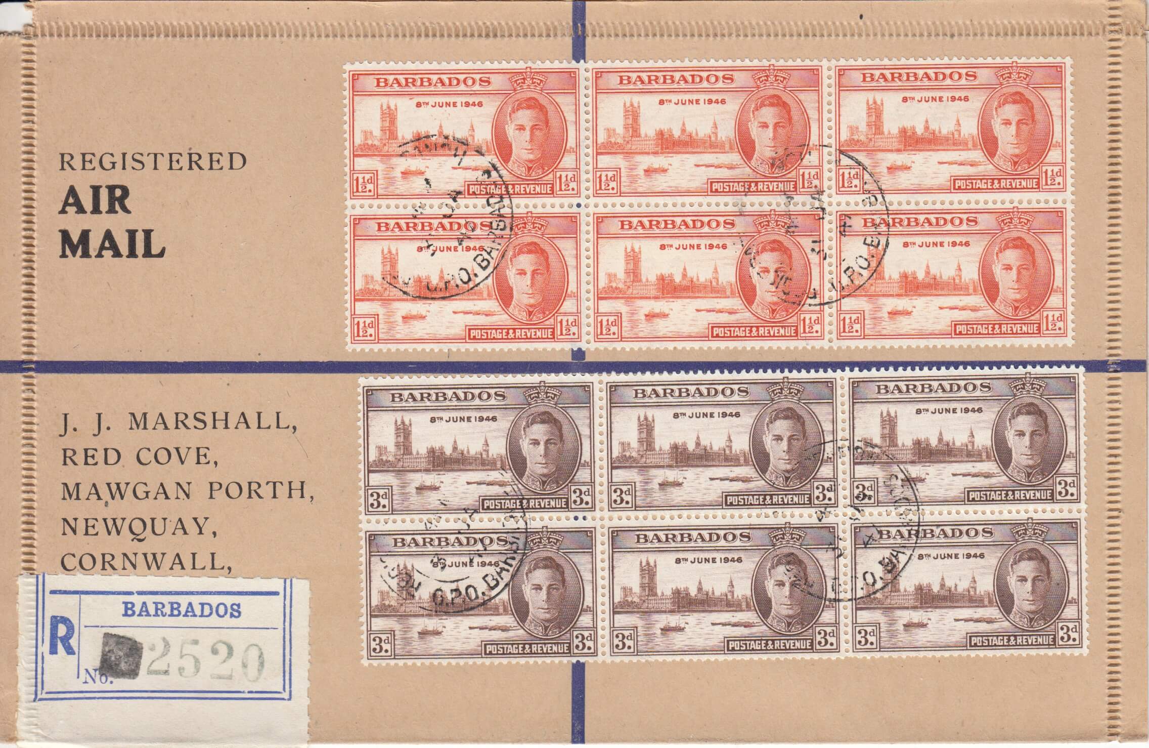 Barbados registered cover to J.J.Marshall in Cornwall dated 31st January 1947, with blocks of six each of the 1½d and 3d Victory stamps 
