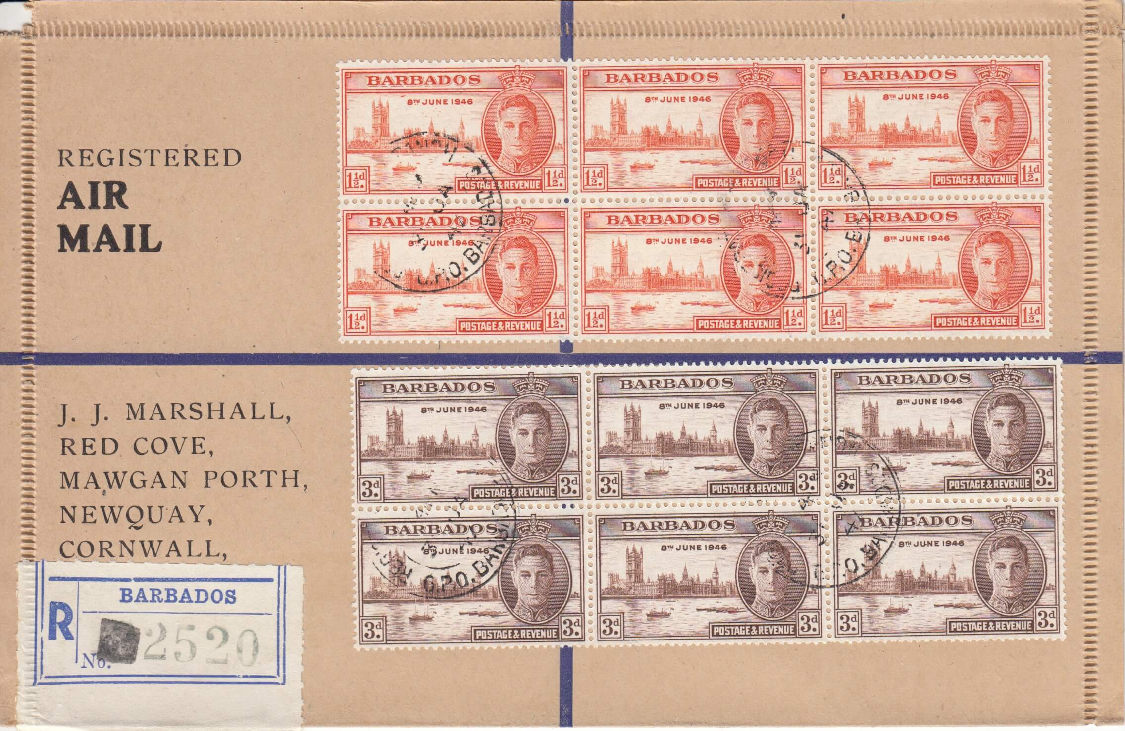 Barbados registered cover to J.J.Marshall in Cornwall dated 31st January 1947, with blocks of six each of the 1½d and 3d Victory stamps