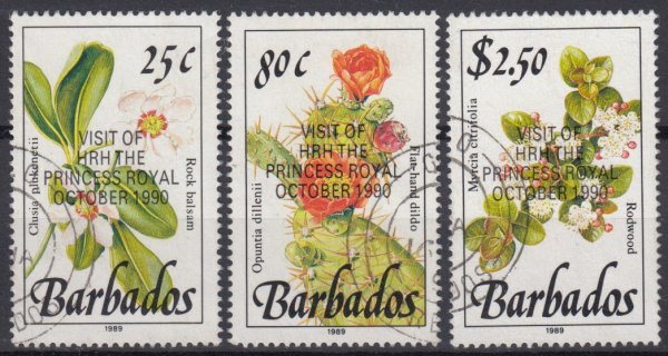 Barbados SG941-943 | Wild Plants Definitives overprinted with "Visit of HRH the Princess Royal October 1990" (used)