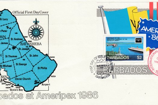 Barbados 1986 | Ameripex 86 International Stamp Exhibition Souvenir Sheet FDC