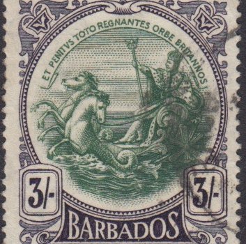 Barbados SG200 | 3/- Green & Deep Violet (used)