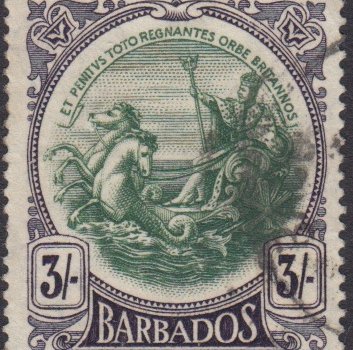 Barbados SG200 | 3/- Green & Deep Violet (used)