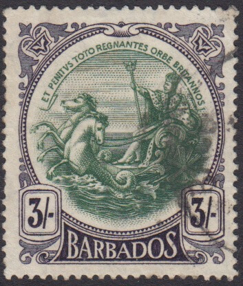 Barbados SG200 | 3/- Green & Deep Violet (used)