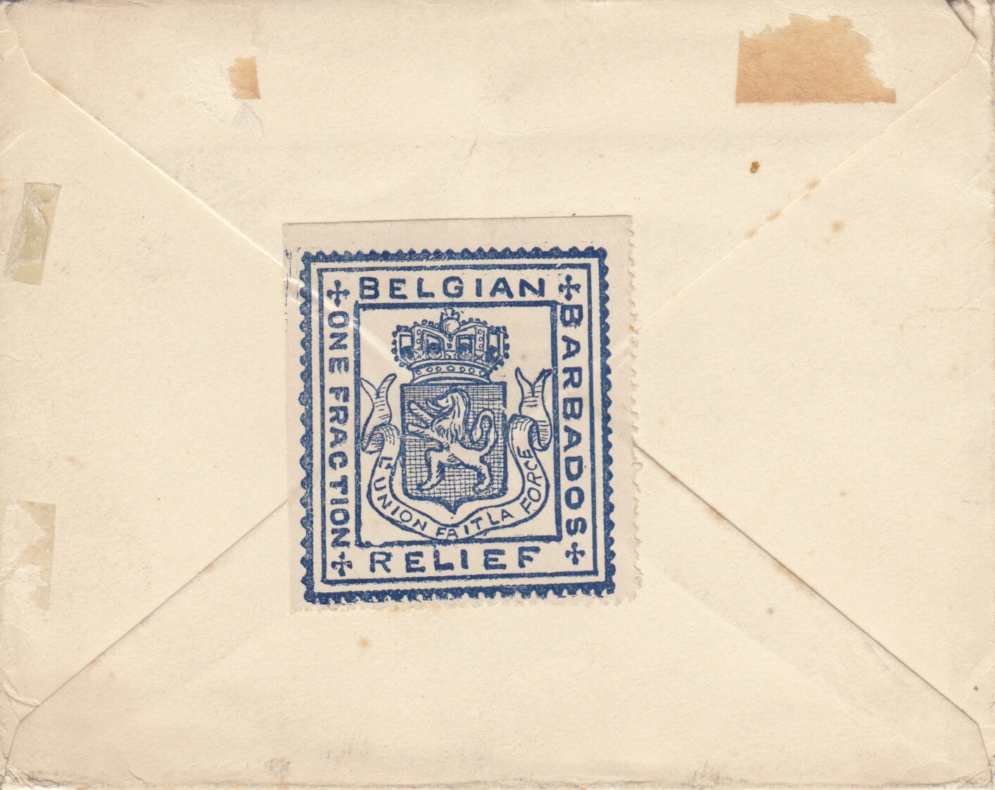 Barbados Belgian Relief Fund Label on cover (rear)
