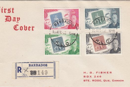 Barbados Stamp Centenary FDC with printed red First Day Cover