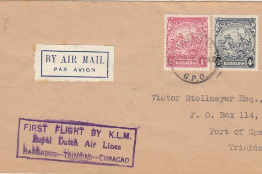 Barbados to Curacao via Trinidad - KLM First Flight Cover 19th October 1938