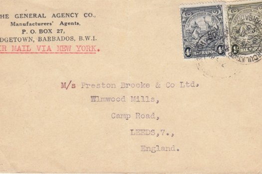 1945 cover Barbados to Leeds with 4d flying mane error