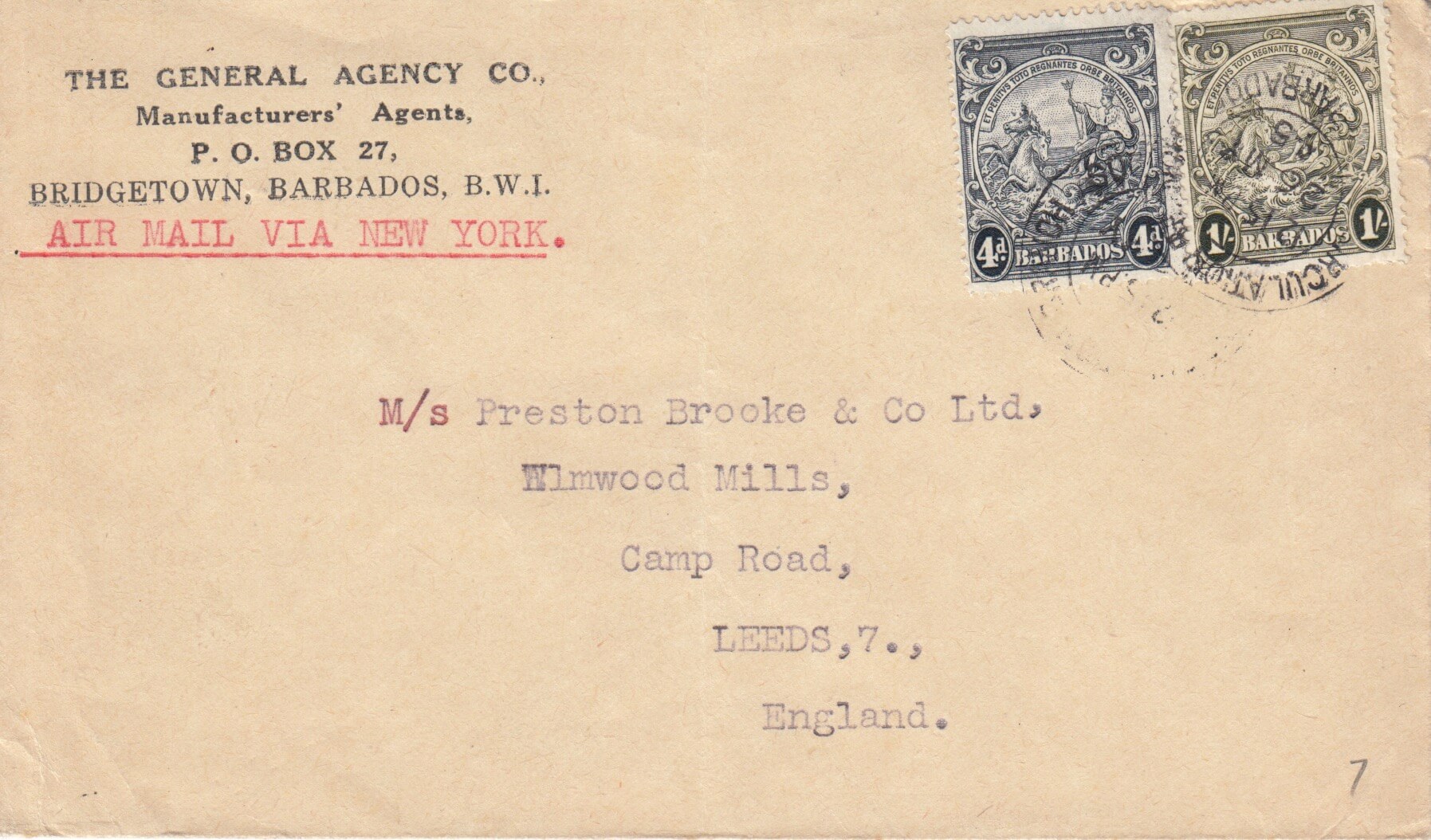 1945 cover Barbados to Leeds with 4d flying mane error