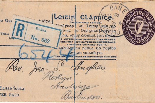 Inbound Registered envelope from Dublin to Barbados 1927 (front)