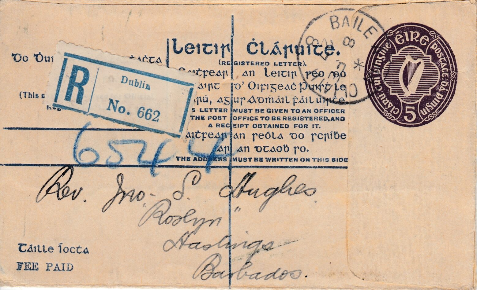 Inbound Registered envelope from Dublin to Barbados 1927 (front)