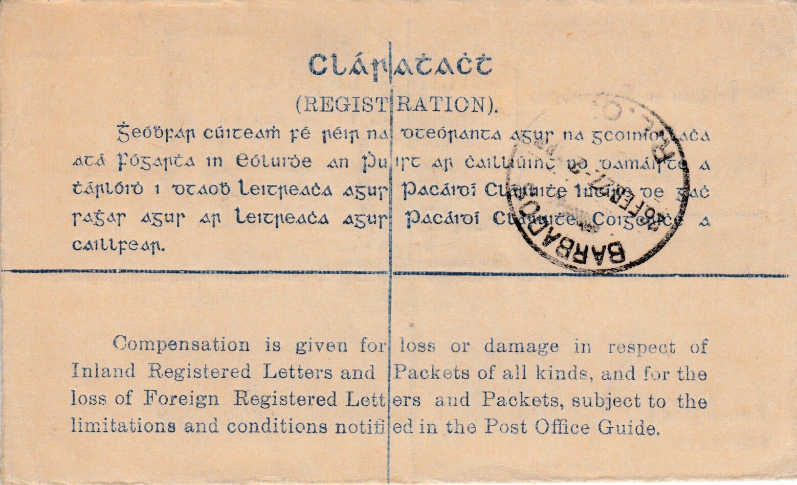 Inbound Registered envelope from Dublin to Barbados 1927 (rear)