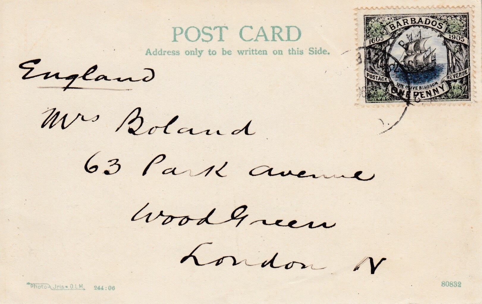 Barbados Postcard of Codrington College tied with Olive Blossom stamp SG152