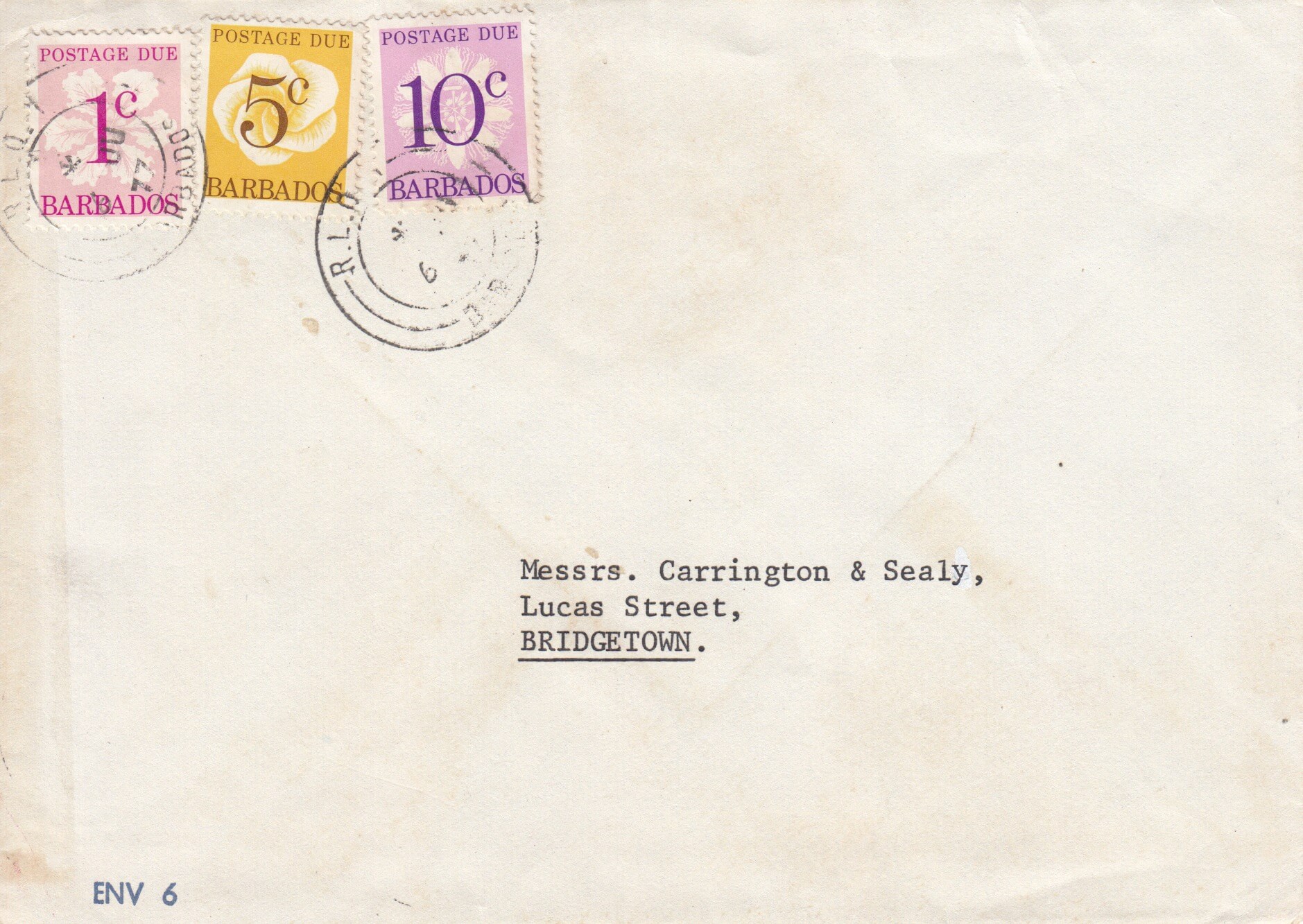 Barbados local unstamped cover sent to Messrs Carrington & Sealey, Lucas St, Bridgetown, with R.L.O. cancel over postage due stamps 6th June 1977. Charged 16c Postage Due comprising 1 x 1c (SGD14), 1 x 5c (SGD16) and 1 x 10c (SGD17)