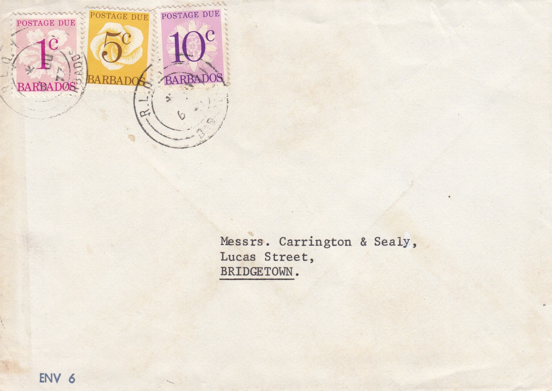 Barbados local unstamped cover sent to Messrs Carrington & Sealey, Lucas St, Bridgetown, with R.L.O. cancel over postage due stamps 6th June 1977. Charged 16c Postage Due comprising 1 x 1c (SGD14), 1 x 5c (SGD16) and 1 x 10c (SGD17)