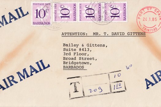 Barbados incoming underpaid airmail cover sent from Port of Spain Trinidad, 24th January 1985 Meter Mark, to Bailey & Gittens, Broad St, Bridgetown, with R.L.O. cancel over postage due stamps 1st February 1985. Tax mark for 20g letter calculated at 40c. Postage Dues are 4 x 10c (SGD17).