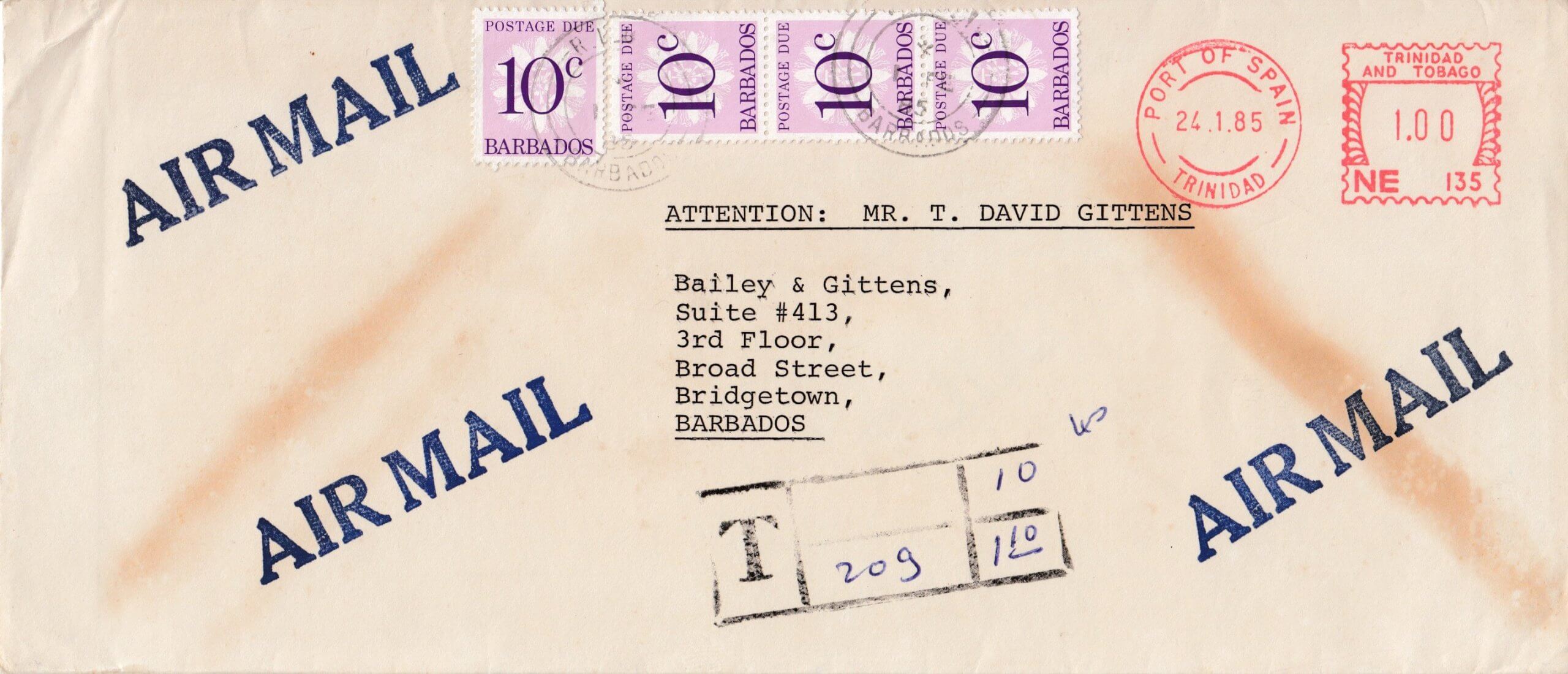 Barbados incoming underpaid airmail cover sent from Port of Spain Trinidad, 24th January 1985 Meter Mark, to Bailey & Gittens, Broad St, Bridgetown, with R.L.O. cancel over postage due stamps 1st February 1985. Tax mark for 20g letter calculated at 40c. Postage Dues are 4 x 10c (SGD17).