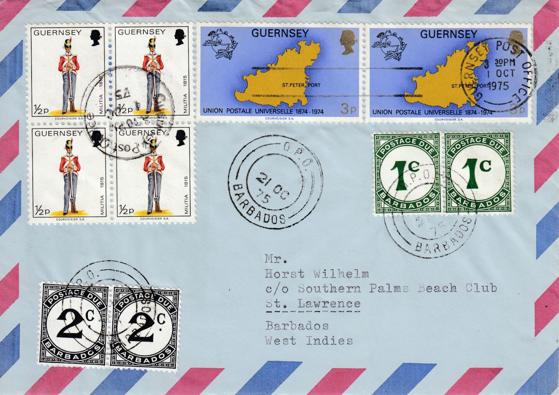 Barbados incoming underpaid cover sent from Guernsey 1st October 1975 to ℅ address, Southern Palms Beach Club , with GPO cancel over postage due stamps 21st October 1975. Postage Dues are 2 x 2c (SGD12) and 2 x 1c (SGD7)