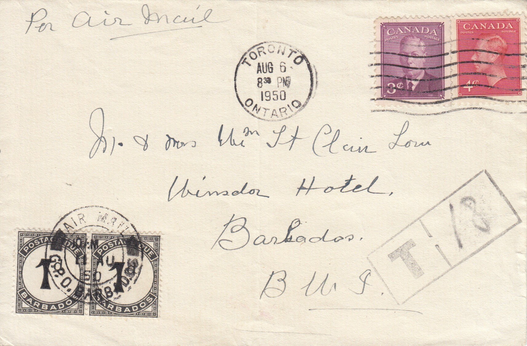 Barbados incoming underpaid cover from Canada with Geo VI 3c and 4c values, tied by Toronto machine cancel dated 6th August 1950. Sent to Windsor Hotel, Barbados, with Air Mail G.P.O Barbados cancel over postage due stamps dated 11th August 1950. Charged 2d Postage Due comprising 2 x 1d (SGD2)