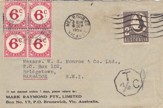 Barbados incoming underpaid cover from Australia with solo 2/- value , tied by Melbourne machine cancel dated 6th September 1956. Sent to Messrs W.S.Monroe & Co Ltd, Bridgetown, Barbados, with indistinct Barbados cancel over postage due stams. Taxed mark shows deficiency to pay of 36c, made up of a block of four 6c Postage Due 4 x 6d (SGD6)