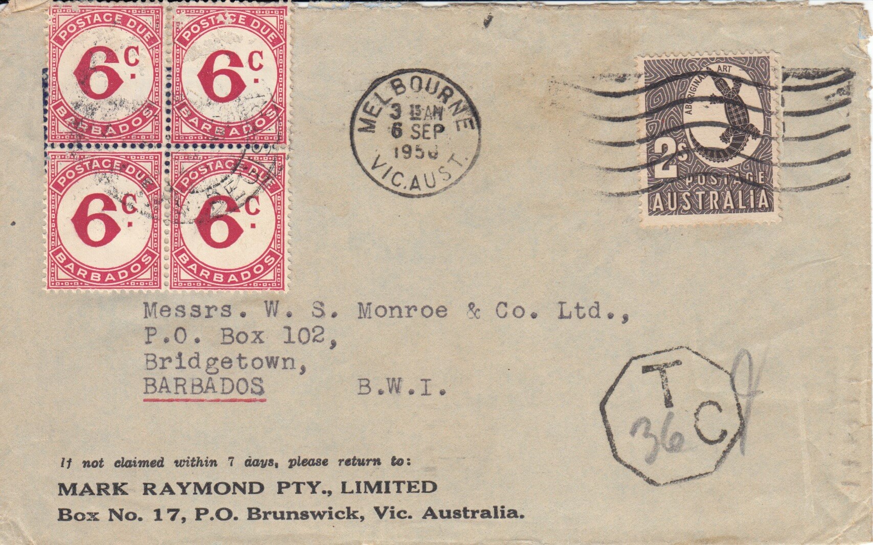 Barbados incoming underpaid cover from Australia with solo 2/- value , tied by Melbourne machine cancel dated 6th September 1956. Sent to Messrs W.S.Monroe & Co Ltd, Bridgetown, Barbados, with indistinct Barbados cancel over postage due stams. Taxed mark shows deficiency to pay of 36c, made up of a block of four 6c Postage Due 4 x 6d (SGD6)