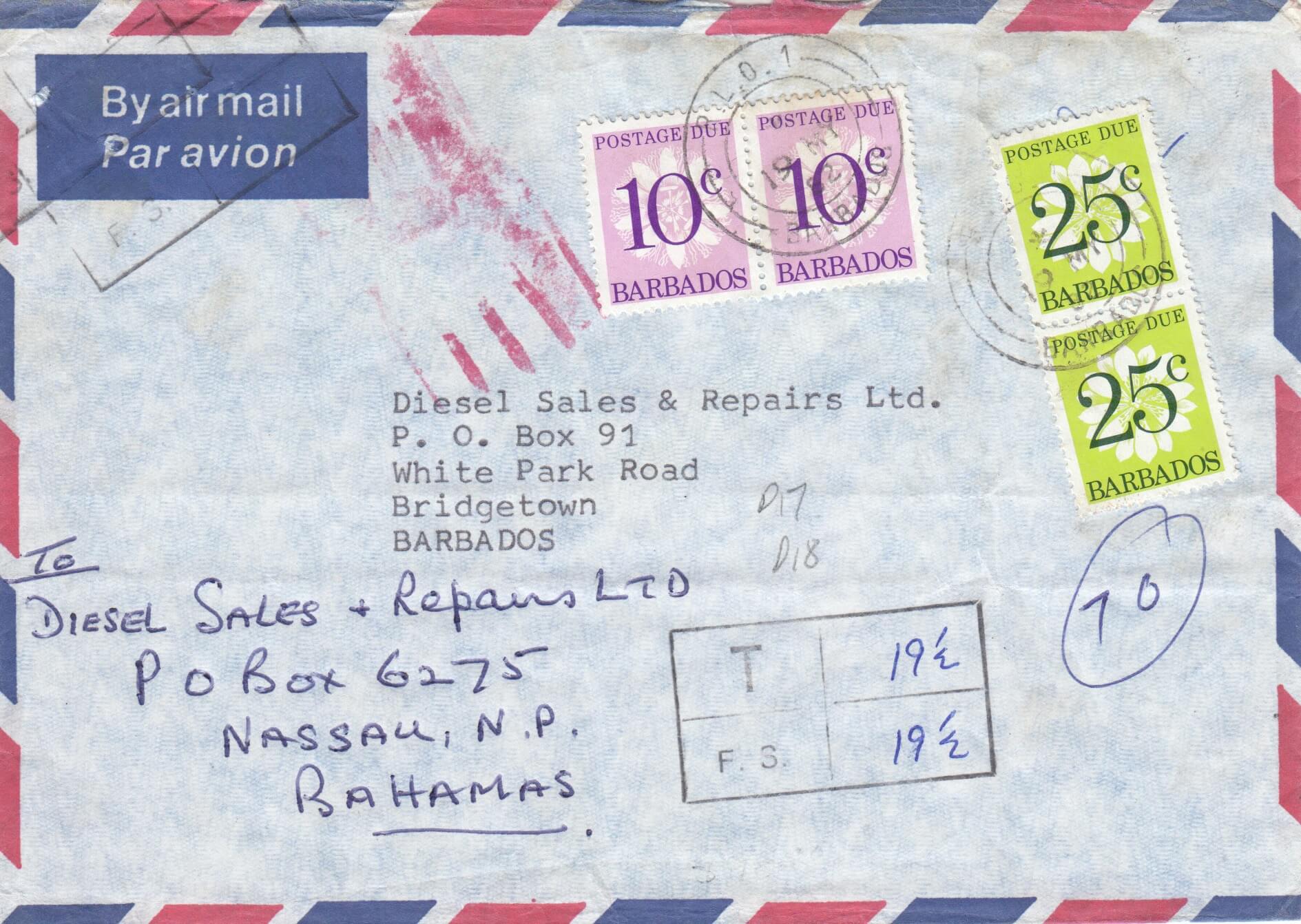 Barbados incoming unstamped airmail cover sent to Diesel Sales & Repairs Ltd, White Park Road, Bridgetown, with R.L.O. 1 cancel over postage due stamps 19th May 1982. Charged 70c Postage Due comprising 2 x 10c (SGD17) and 2 x 25c (SGD18), both in pairs. Cover forwarded to Nassau, Bahamas