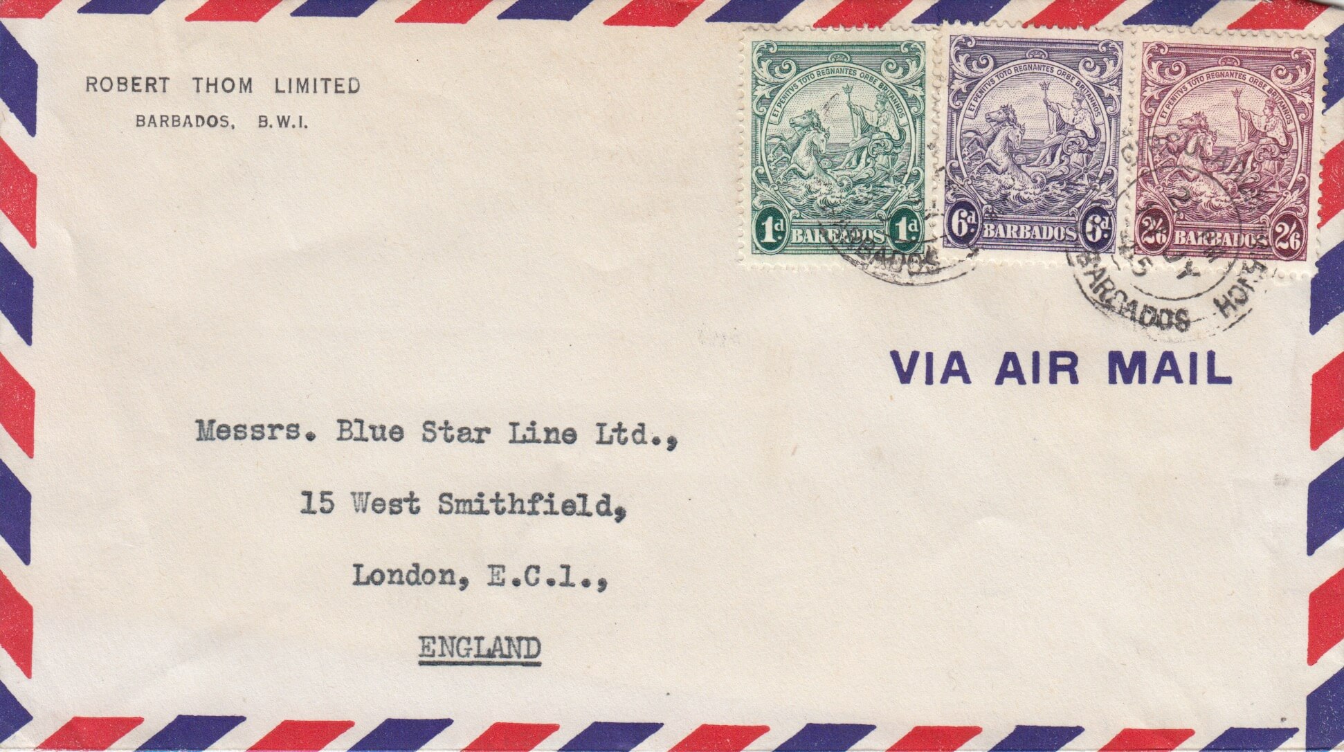 Airmail cover to UK from Barbados at 3/1 rate