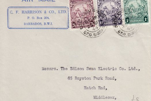 Airmail cover to UK from Barbados at 3/1 rate