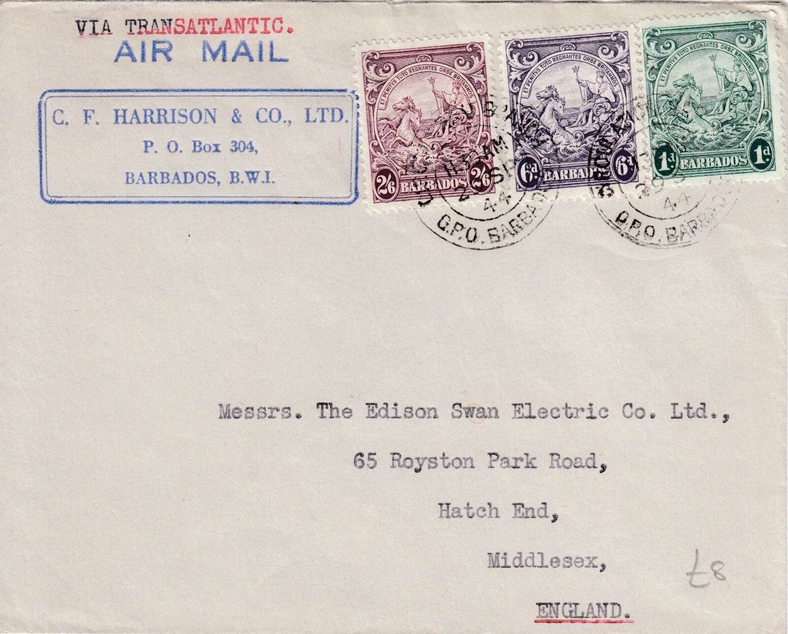 Airmail cover to UK from Barbados at 3/1 rate