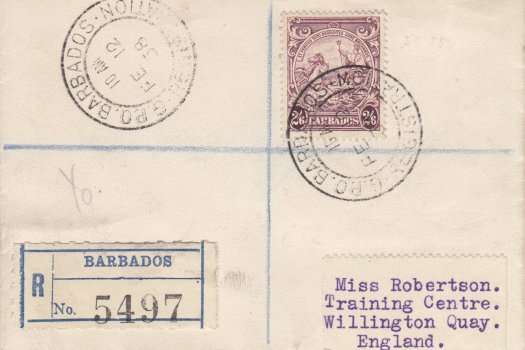 Registered cover to UK from Barbados at 2/6 rate in 1938