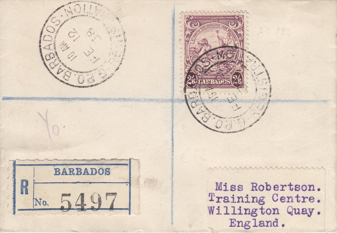 Registered cover to UK from Barbados at 2/6 rate in 1938