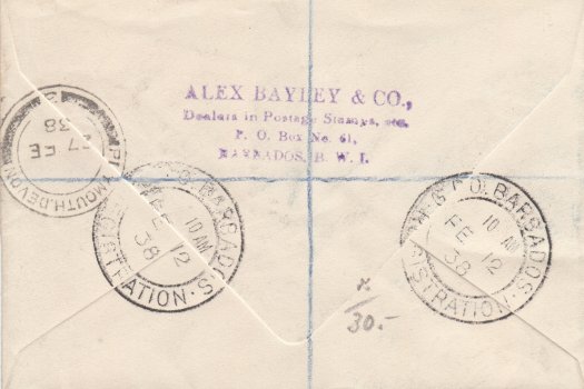 Registered cover to UK from Barbados at 2/6 rate in 1938 (reverse showing dealers name)