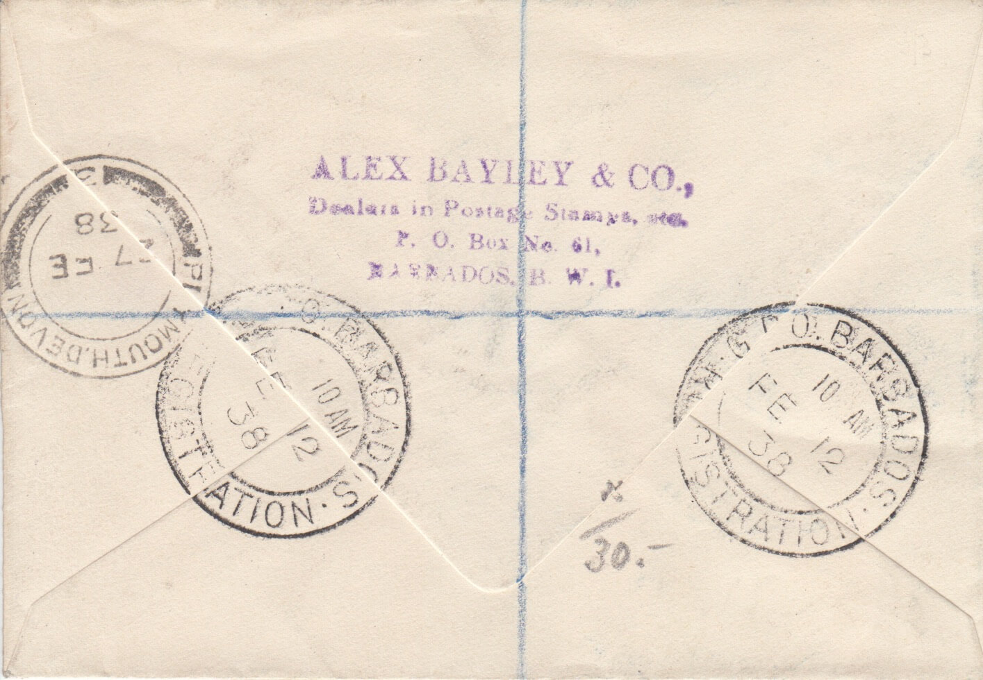 1938년에 2/6 비율로 바베이도스에서 영국으로 커버 등록됨(딜러 이름이 표시된 뒷면)