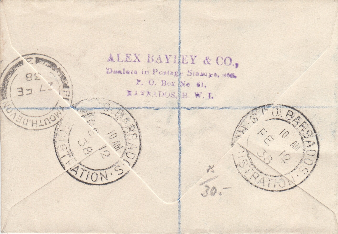 Registered cover to UK from Barbados at 2/6 rate in 1938 (reverse showing dealers name)