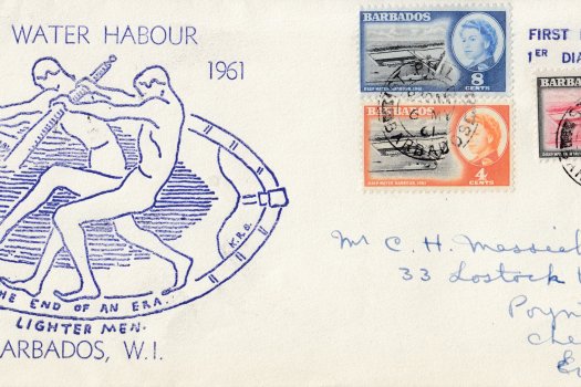 Barbados 1961 Deep Water Harbour FDC - line drawing of Lightermen cover