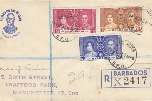 Coronation 1937 Barbados FDC - Illustrated 'Posted on Day of Issue' & portrait Cover