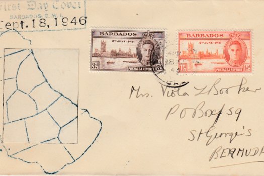 Barbados Victory 1946 FDC – on plain cover with hand drawn map of Barbados parishes